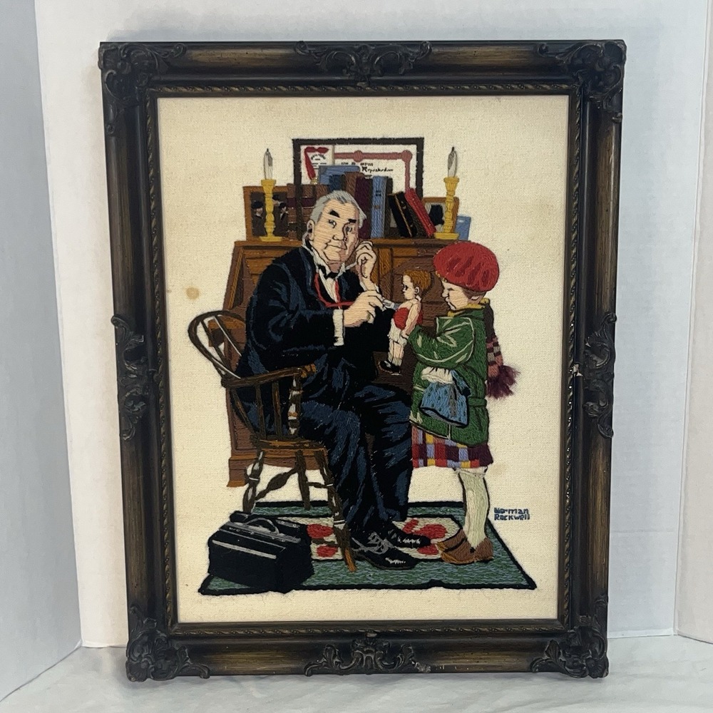 Vintage CRAFT HOUSE Norman Rockwell The‎ Doll Embroidery 14x18